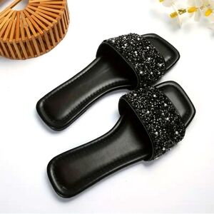 New Sparkly Black Summer Flat Sandals Rhinestone Embellishment Comfort slide